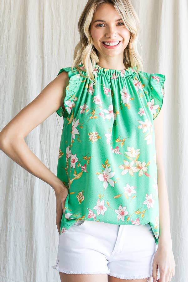 7th Ray - Wholesale Blouse - Women's - Boho Floral Ruffle Sleeve  Shirred Neckline Blouse T479310