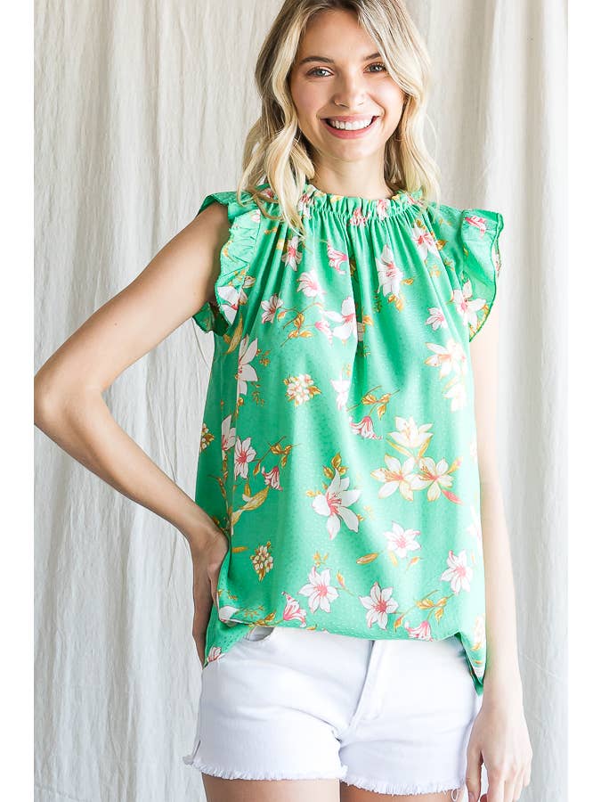 7th Ray - Wholesale Blouse - Women's - Boho Floral Ruffle Sleeve Shirred Neckline Blouse T479310
