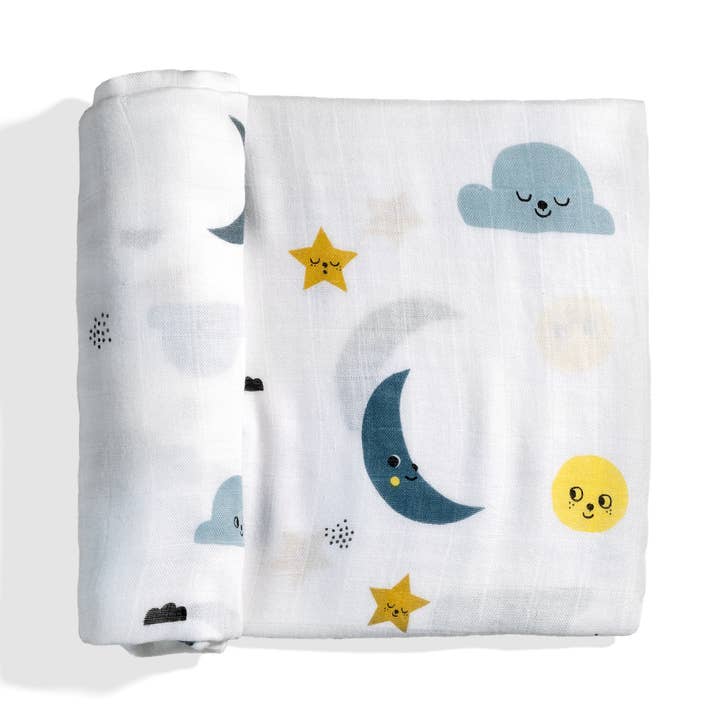 Bamboo Baby Swaddle - Moon & Stars Print for wholesale by Rookie Humans
