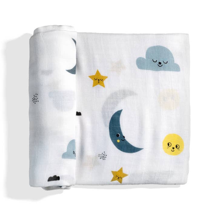 Bamboo Baby Swaddle - Moon & Stars Print for wholesale by Rookie Humans