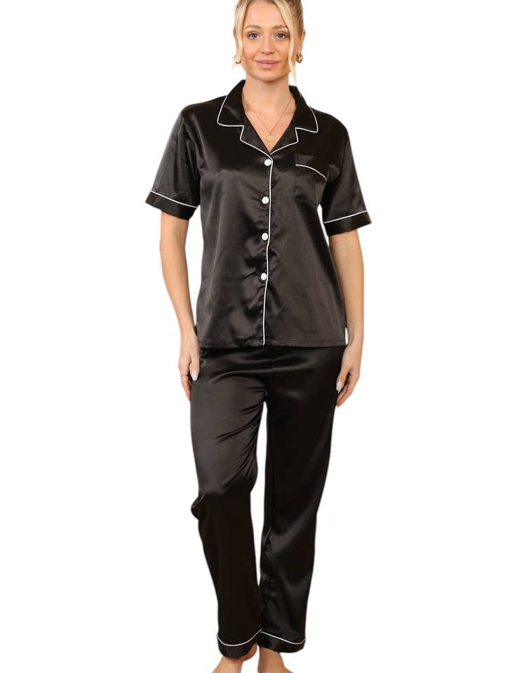 Elainah Fashion - Wholesale Sleepwear Set - Women's - Black satin Pj set, elaina fashion Women's Black Silk Satin Pyjama Sleepwear Set Button Down Long Sleeves Wedding Loungewear Silk 2 Piece PJs Pant Set Bridal Nightwear