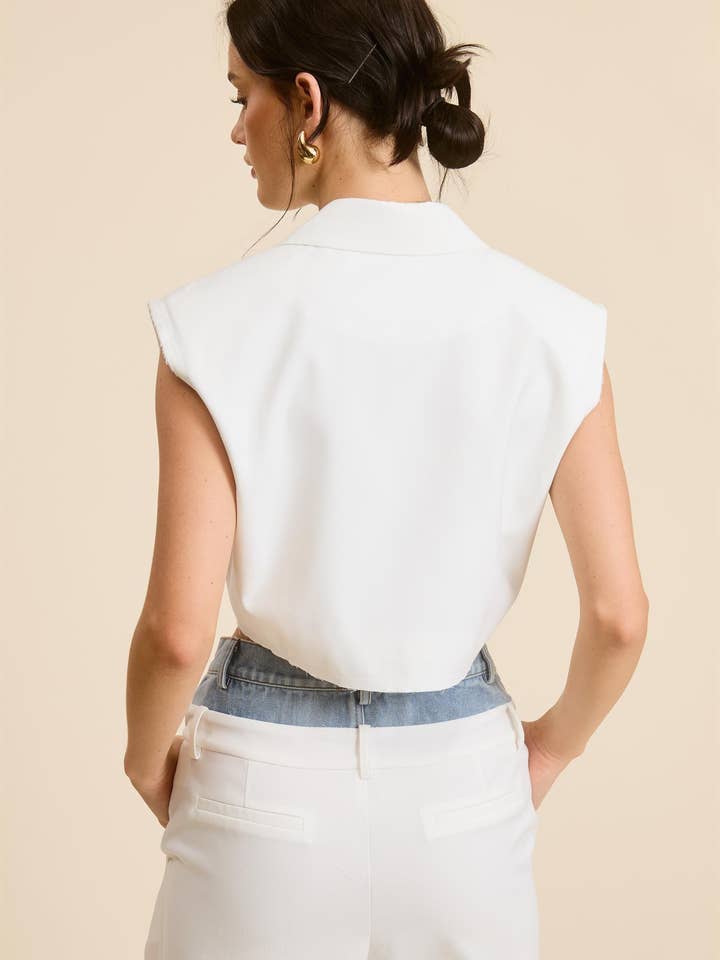 Mimosa - Wholesale Outerwear Vest - Women's - Cropped Collared Vest with Raw Hem7