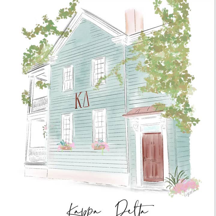 Studentenhuis KD - Kappa Delta - COFC - Kunstdruk voor wholesale door Rebecca Illustrated