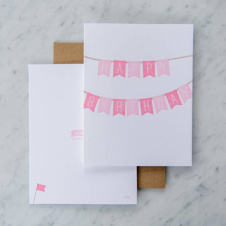 1060 - Happy Birthday Red Pink Banner Card, Bunting Celebrat for wholesale by Farmwood Press