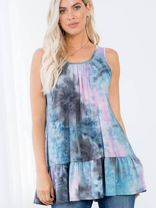 Débardeur à basque en tissu imprimé tie-dye - Manches 3/4 pour la vente par Rose Mellow Fashion