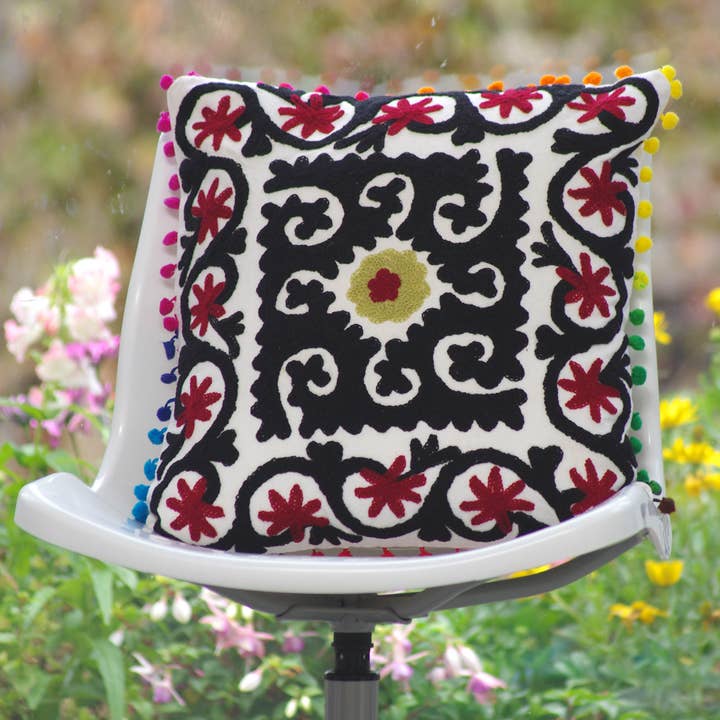 Suzani Floral & Woolen Embroidered Cotton Cushion Cover 16'' for wholesale by Kantha Decor