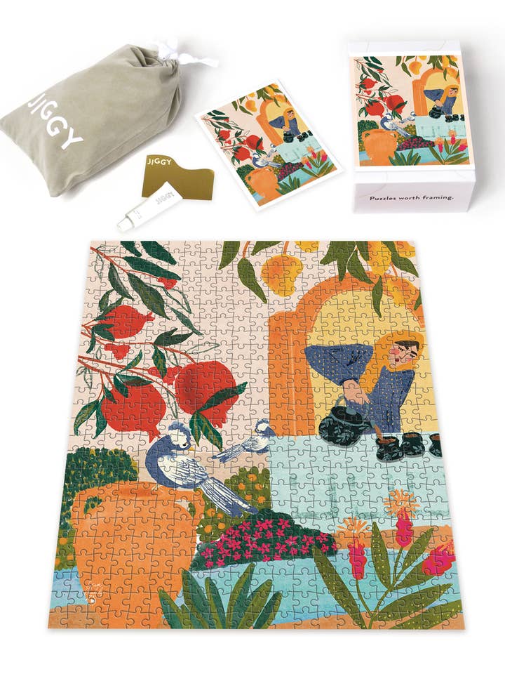 500pc Puzzle & Glue Kit: Tea Garden by Erum Khalili for wholesale by JIGGY Puzzles