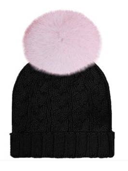 Knitted Black Pom Pom Hat With Pink Fox Fur for wholesale by Woolsy