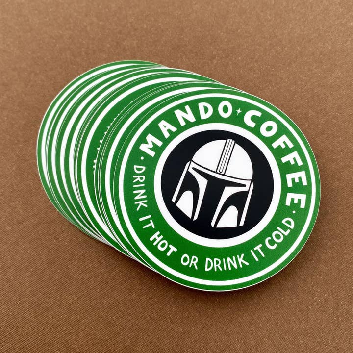 Mando Coffee "Hot or Cold" Star Wars Mandalorian Sticker for wholesale by Brand Nhu Creative Studio