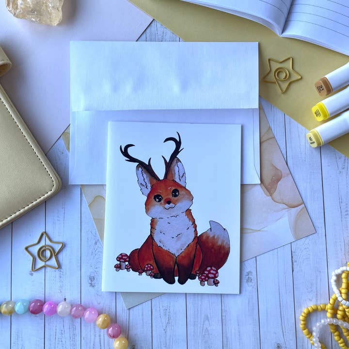 Räv med horn Rävalope fantasi Nyckfull Söt Gratulationskort för wholesale av ShyShyShoppe Creations