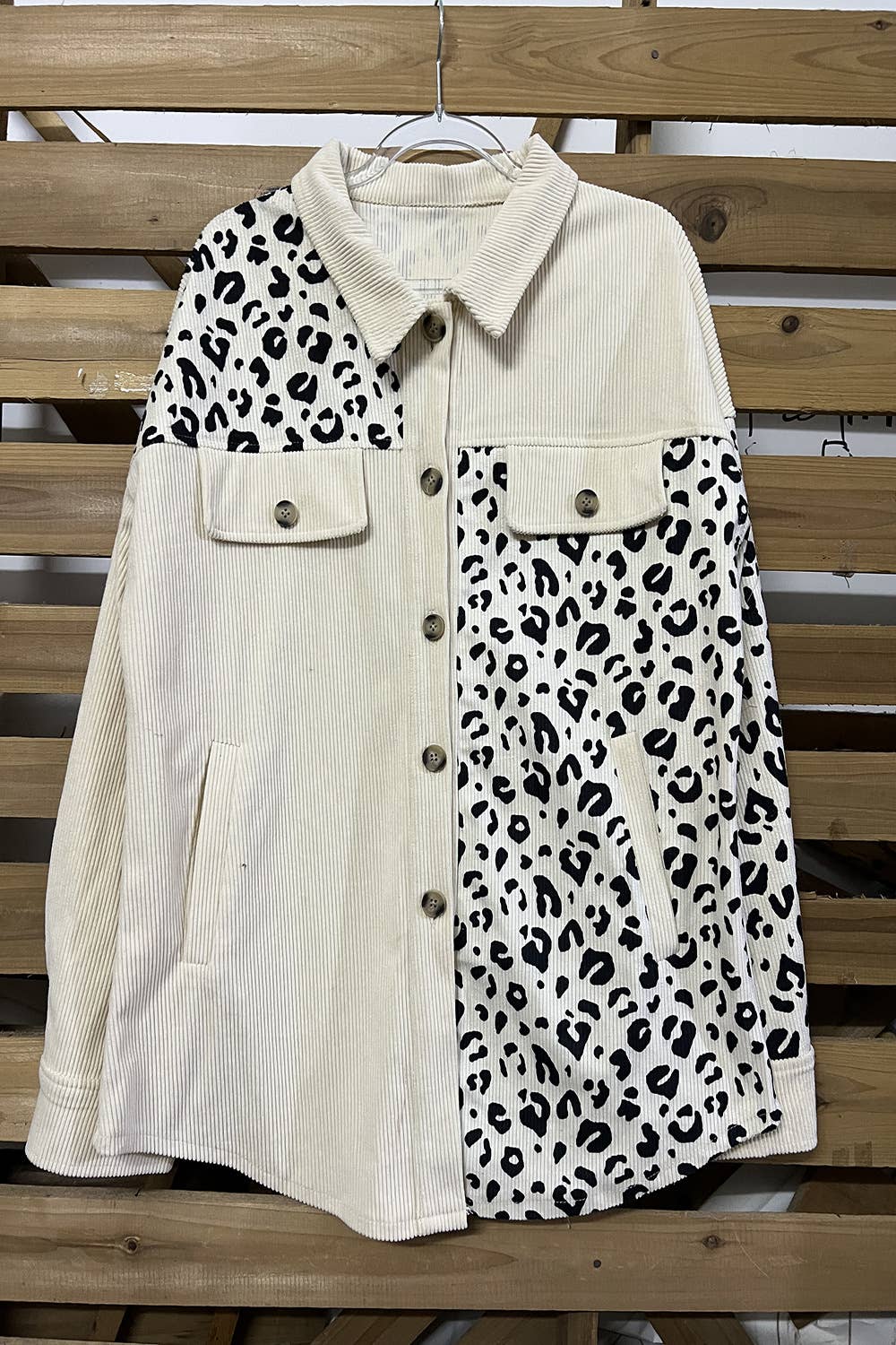 khaki leopard patchwork oversized corduroy Shacket for wholesale on Faire5