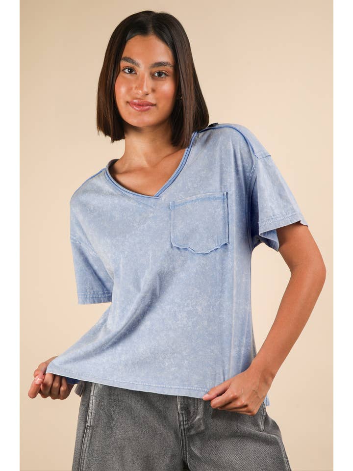 VERY J - Wholesale Knit Top - Women's - NT11966-Mineral Washed V-Neck Knit Top
