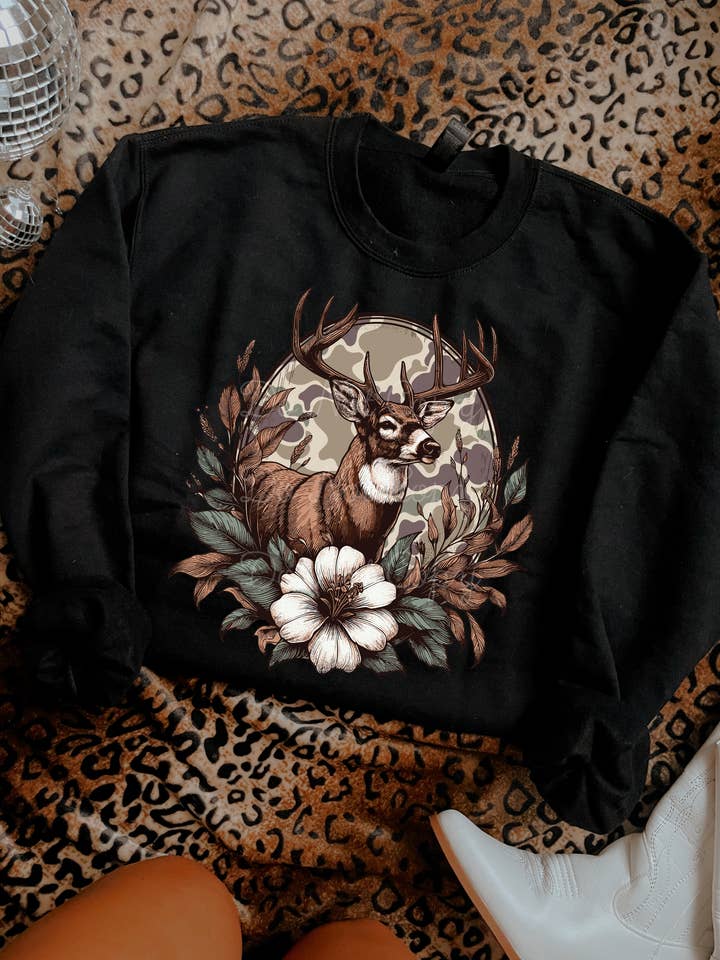 Floral Buck Sweatshirt for wholesale by Downtown Darling Wholesale
