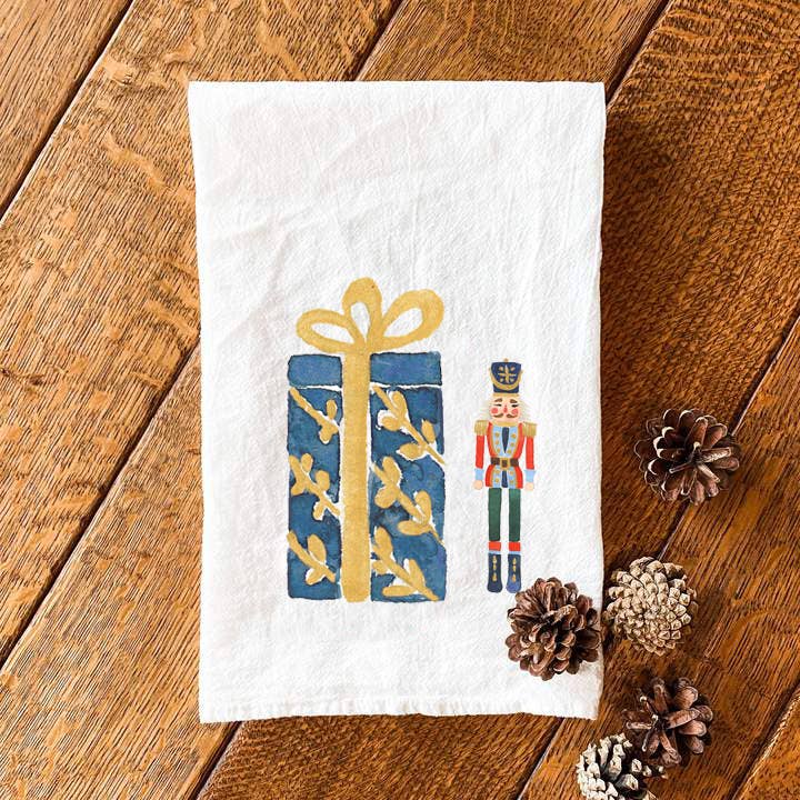 Indigo Tangerine - Wholesale Tea Towel - Nutcracker and Present - Christmas Tea Towel