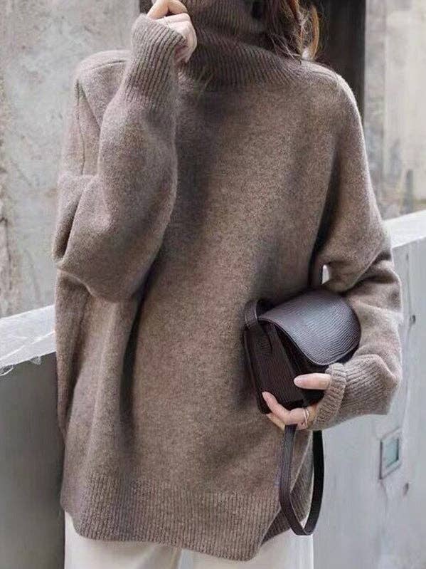 StyleGalX - Wholesale Tunic Sweater - Women's - Casual Loose Long Sleeves Solid Color High-Neck Sweater Tops1