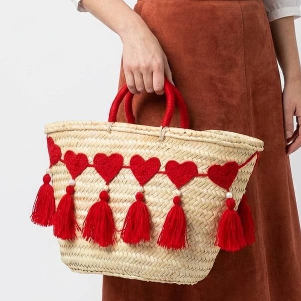 Woven Straw Heart Tote Bag - Red Tassel Boho Beach Basket for wholesale by Melecraft