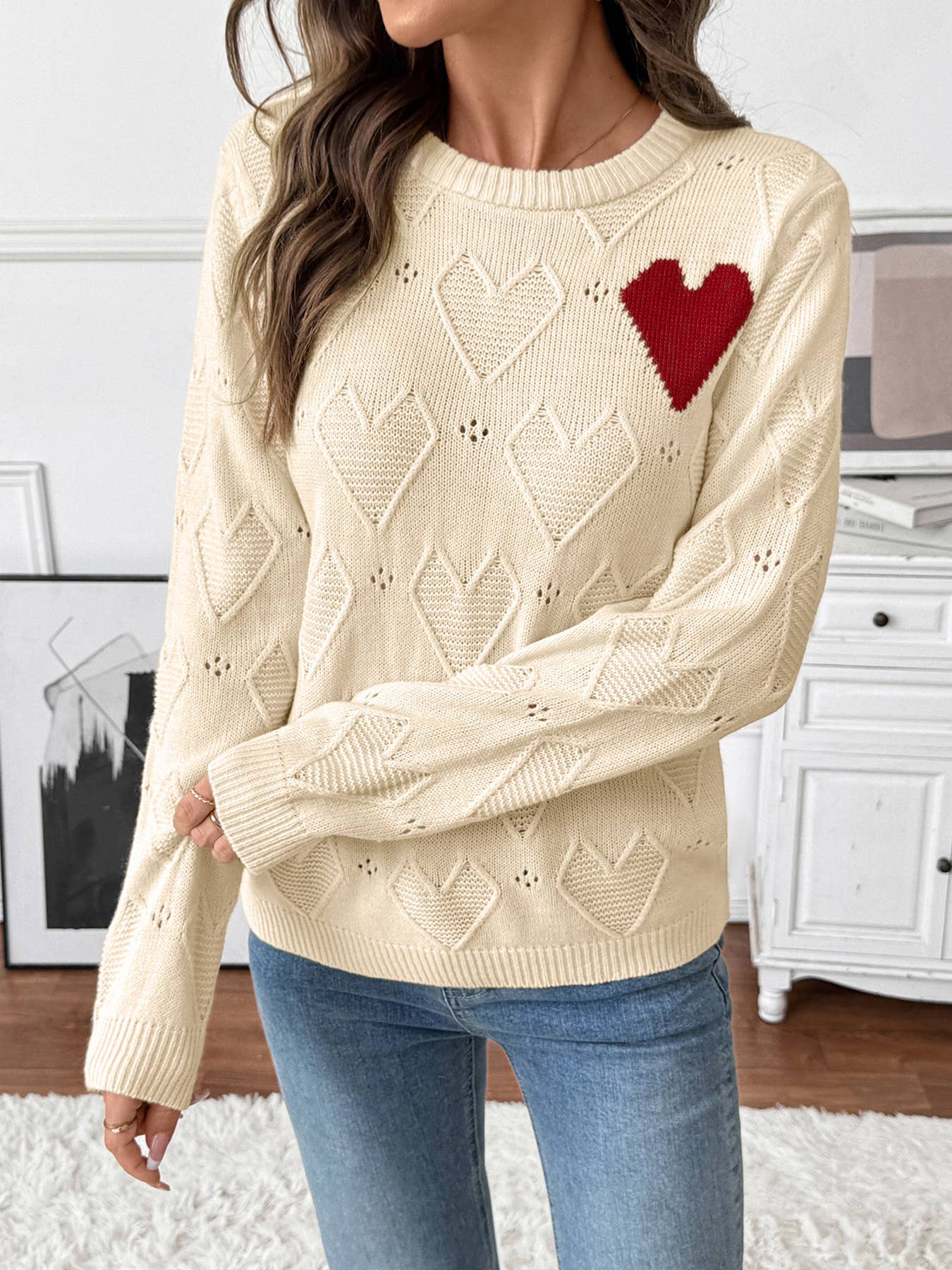 Beige Knit Sweater with Heart Pattern and Contrast Heart Patch for wholesale on Faire1