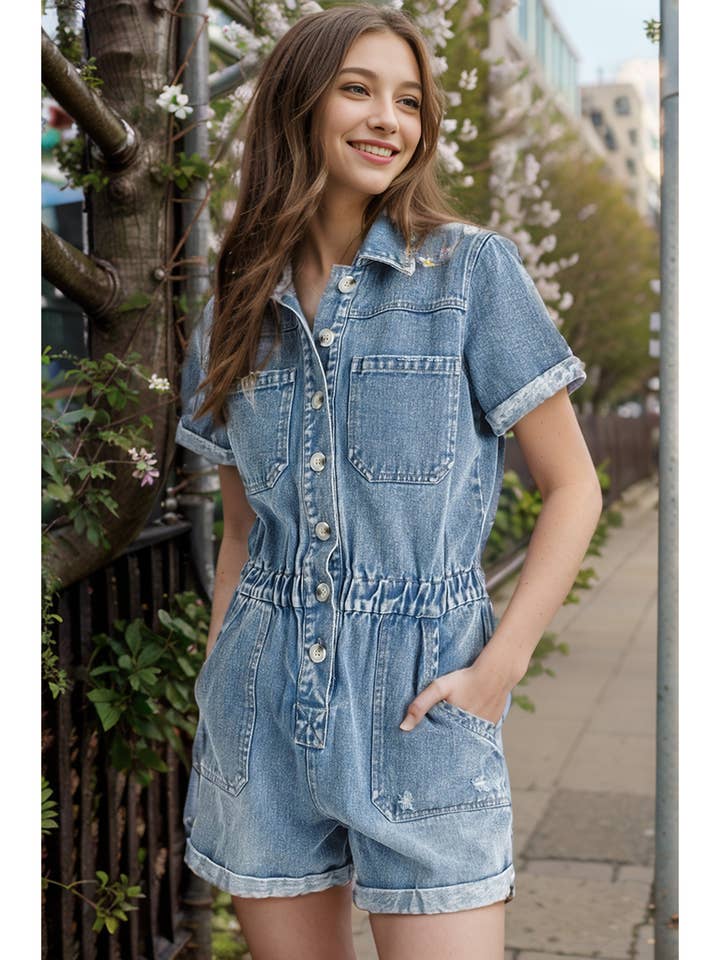 WASHED DENIM SHORT SLEEVE ROMPER for wholesale by Pink Irene Wholesale
