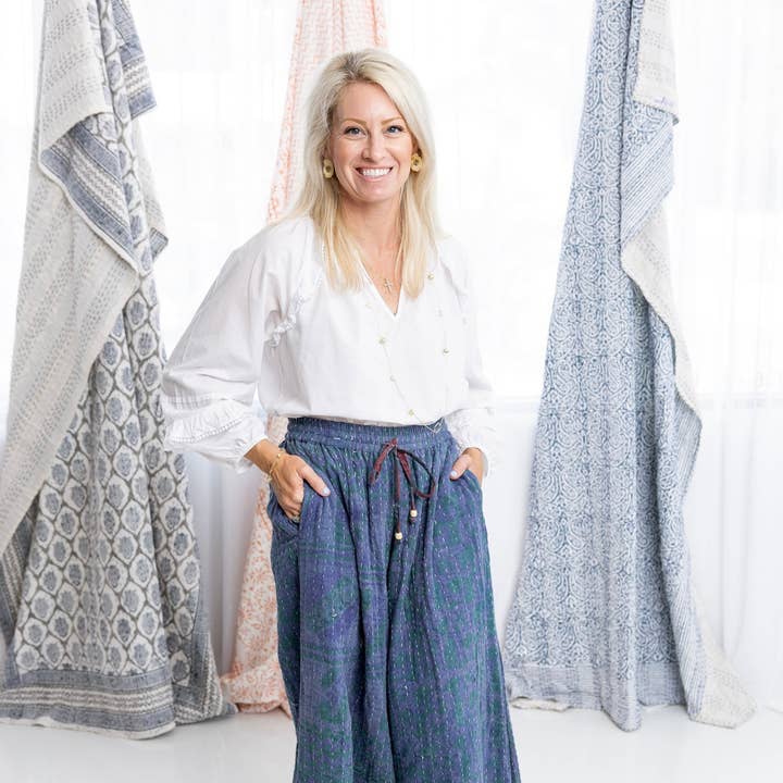 Indigo Wide Leg Kantha Pant for wholesale by Rahab's Rope