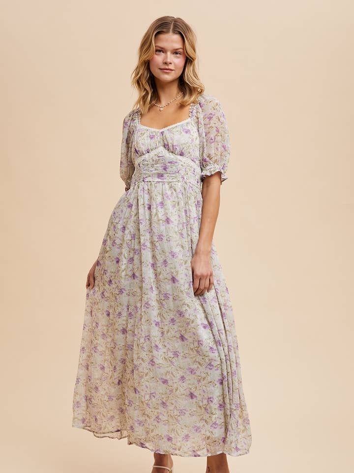 LAVENDER FLORAL SMOCKED SWEETHEART DRESS for wholesale on Faire0