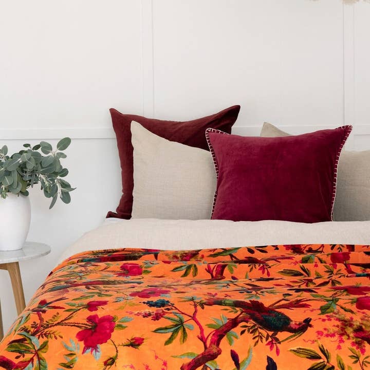 Glamthread - Wholesale Throw blanket - Mexican Velvet Cotton Throw Frida Orange1