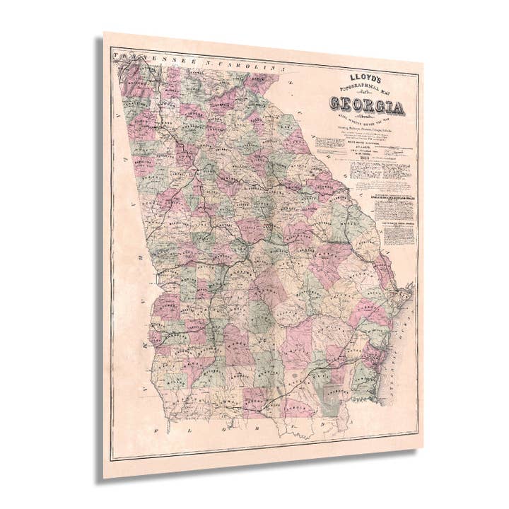 Historic Prints - Wholesale Poster - 1864 Map of Georgia Poster - Vintage Map of Georgia Wall Art - Vintage Georgia Map Showing Counties, Railways, Stations, Villages, Mills - Georgia State Wall Map