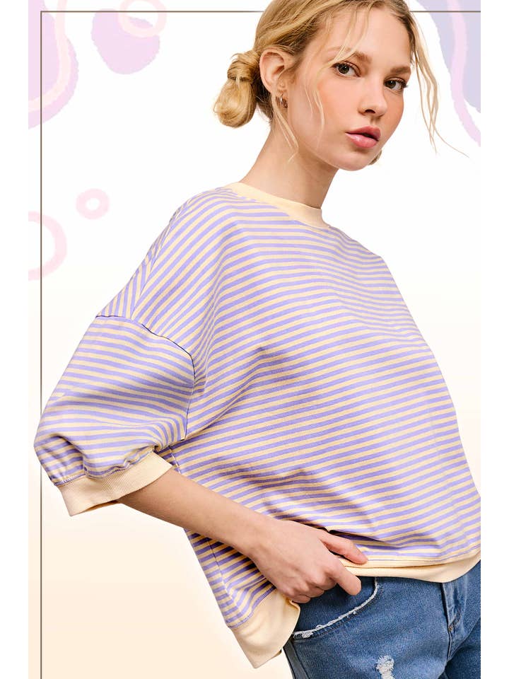 La Miel - Wholesale Knit Top - Women's - MCT7688-Loose Fit Striped Short Sleeve Crew Neckline Top