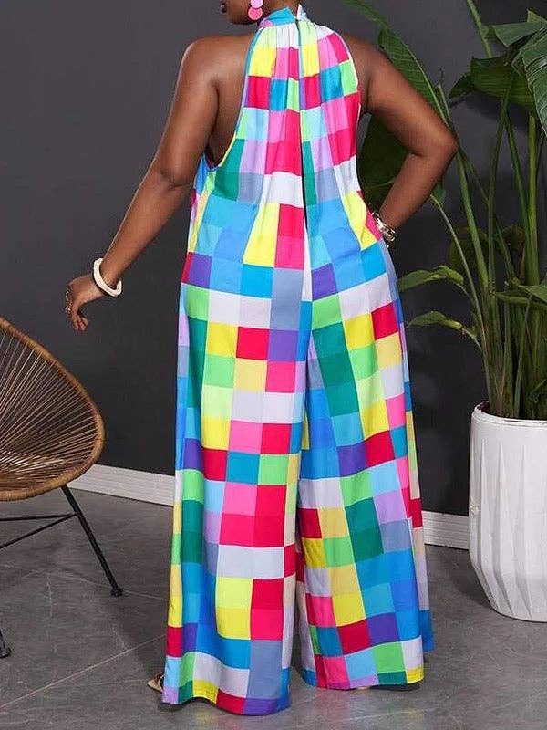 COLORFUL ​Loose Sleeveless Plaid Pleat Halter Jumpsuit for wholesale on Faire