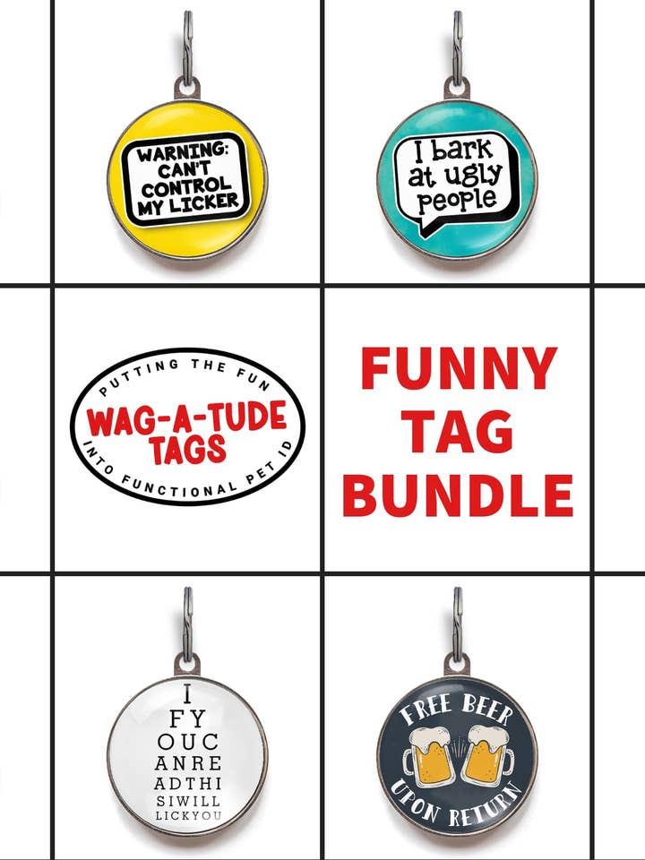 Bundle of funny pet tags for wholesale by WagATudeTags