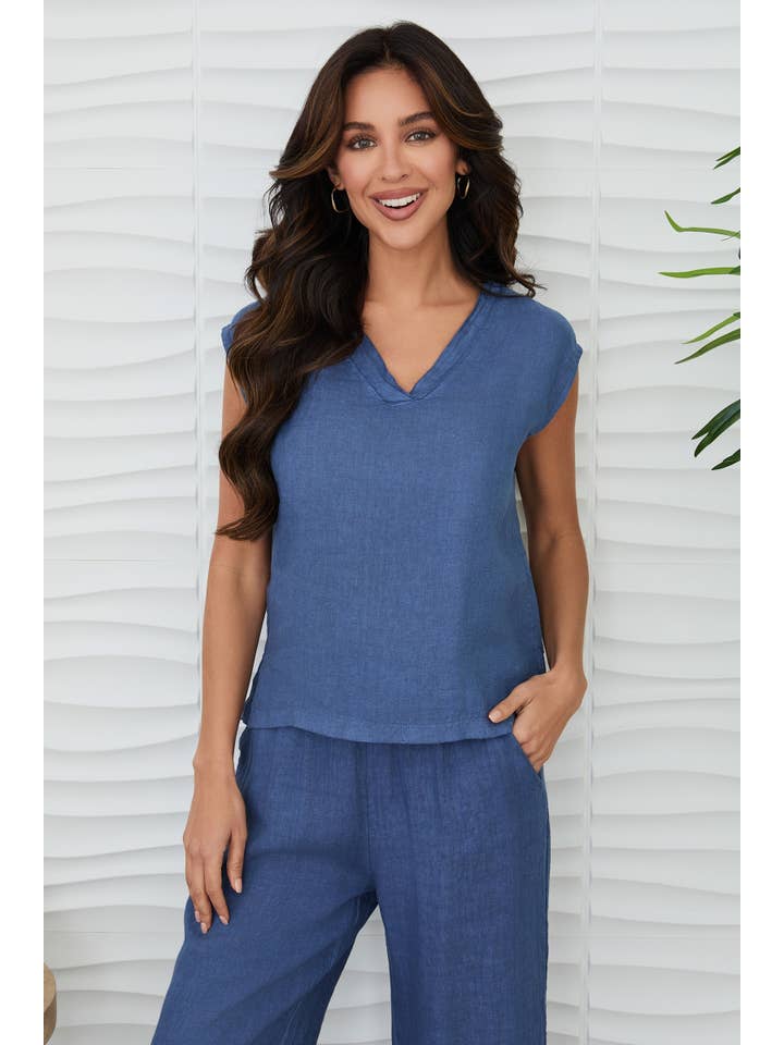 MILIO MILANO - Wholesale Blouse - Women's - V-NECK DOUBLE NECK HEM LINEN SLEEVLESS TOP (155014/13780)
