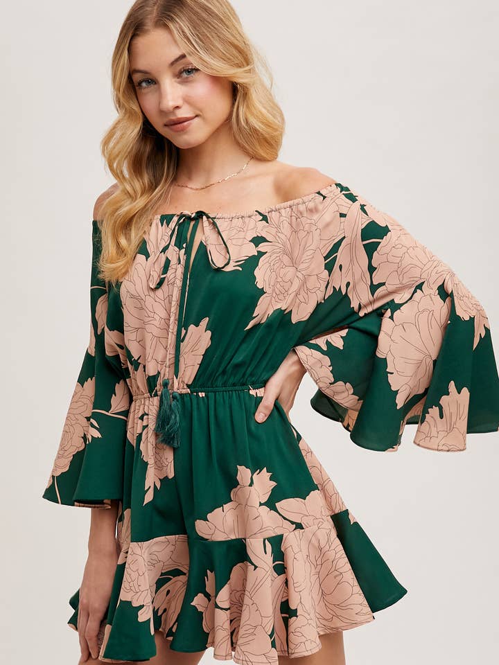 FLORAL PRINT OFF THE SHOULDER BELL SLEEVED ROMPER for wholesale by Bluivy