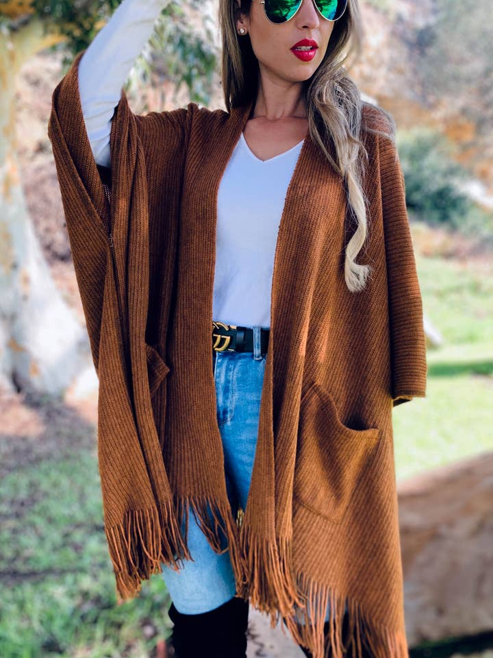 Camel Soft Knitted Pocket Kimono Cardigan With Fringe for wholesale on Faire