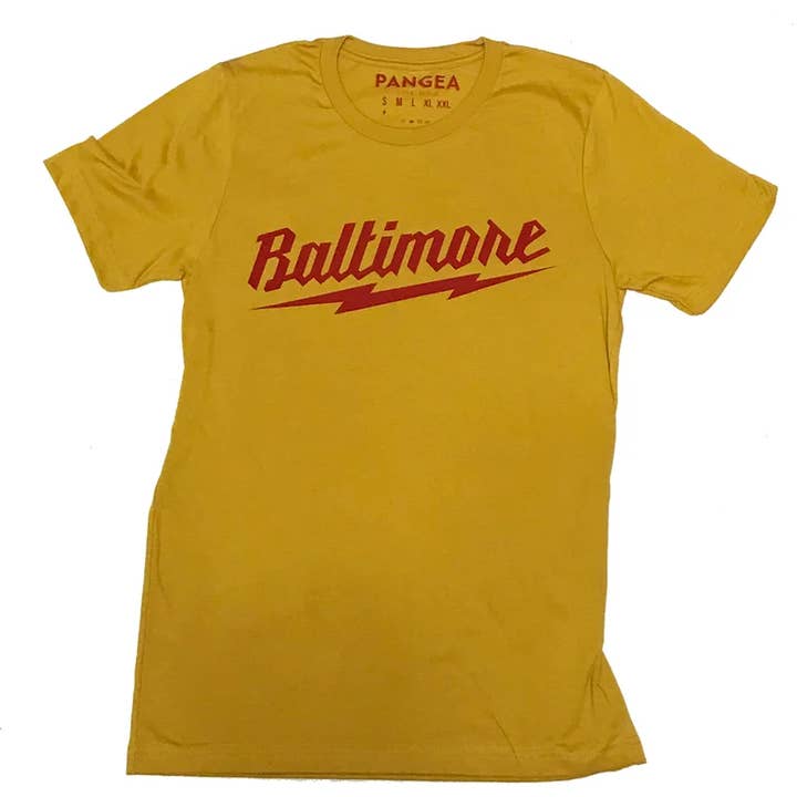 Baltimore Lightning Bolt Shirt Mustard for wholesale by Pangea Printing Co.