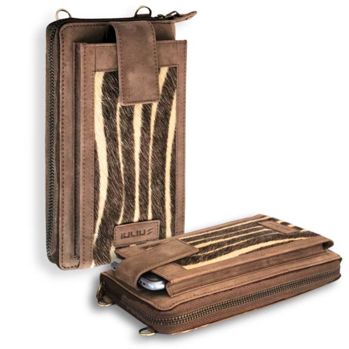 Leather Crossbody Phone Bag (Brown and Zebra) for wholesale by Iulius
