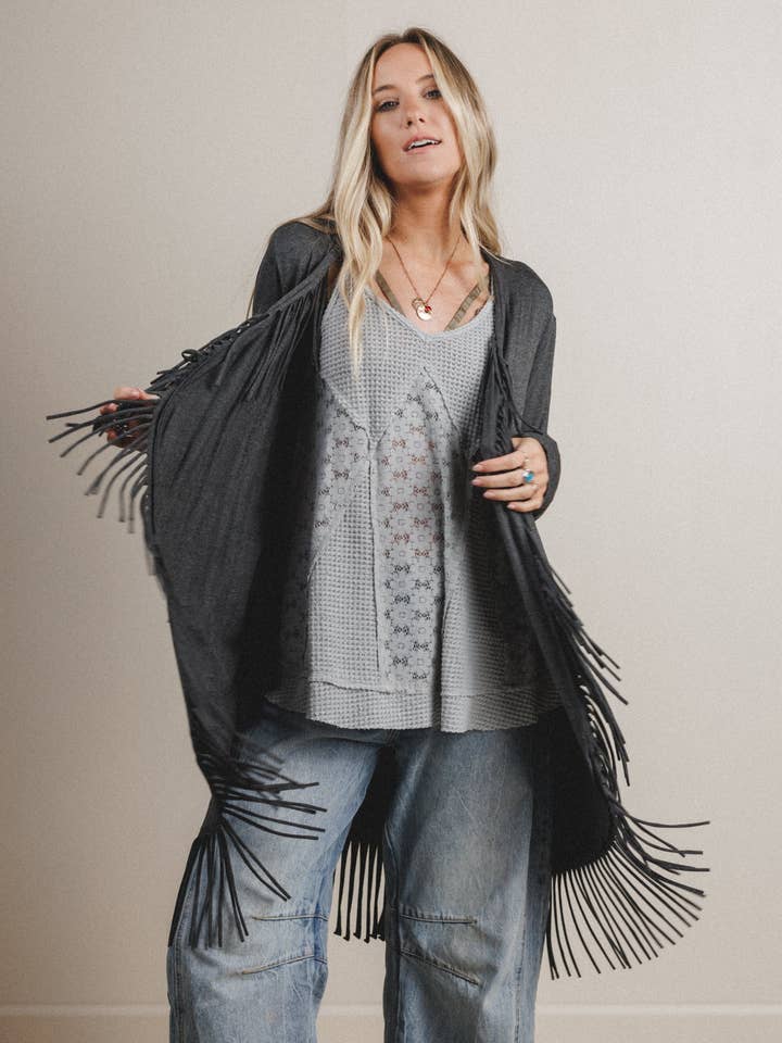 Showstopper Fringe Cardigan - Charcoal for wholesale by Three Bird Nest