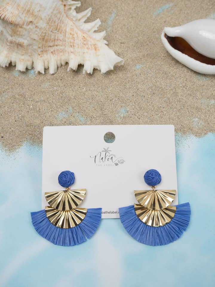 Geometric Gold & Raffia Earrings - Royal Blue for wholesale by Nakoa The Label