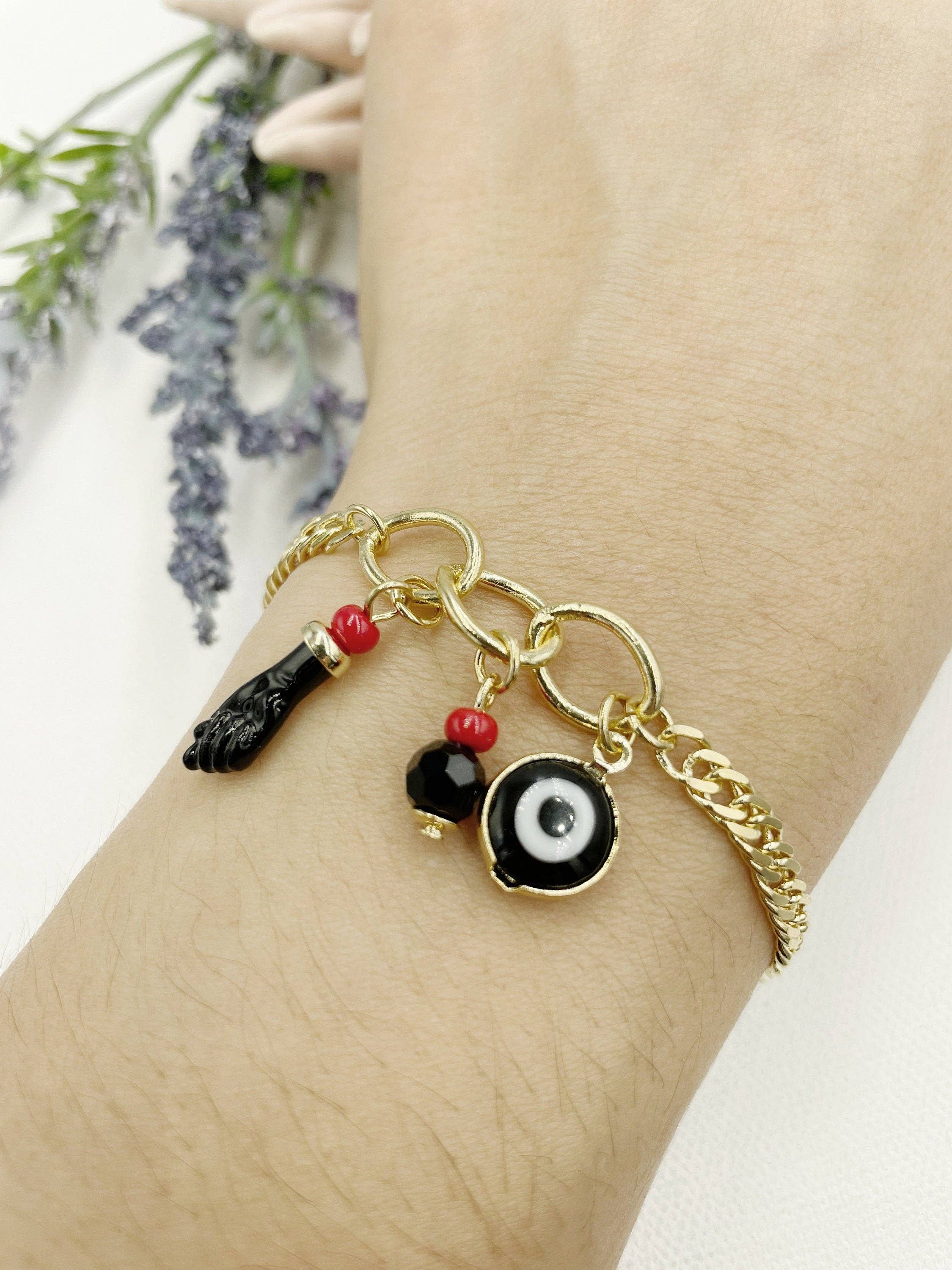 Cherie by Cherie - Venta al por mayor Pulseras de abalorios/colgantes - Pulsera colgante de mano de figa, mal de ojo, cuentas negras y rojas5