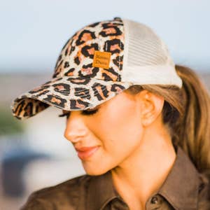 Women Leather Fly Ponytail Trucker Fishing Hat