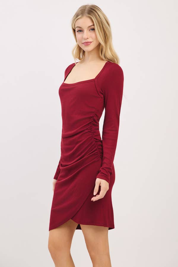 Heart & Hips - Wholesale Dress - Women's - RD54465LB - SQUARE NECK ALLOVER RUCHED LS OVERLAP-SKIRT DRES6