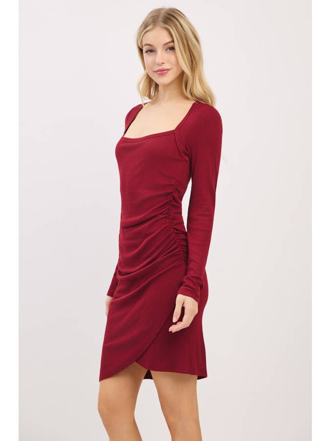 Heart & Hips - Wholesale Dress - Women's - RD54465LB - SQUARE NECK ALLOVER RUCHED LS OVERLAP-SKIRT DRES6