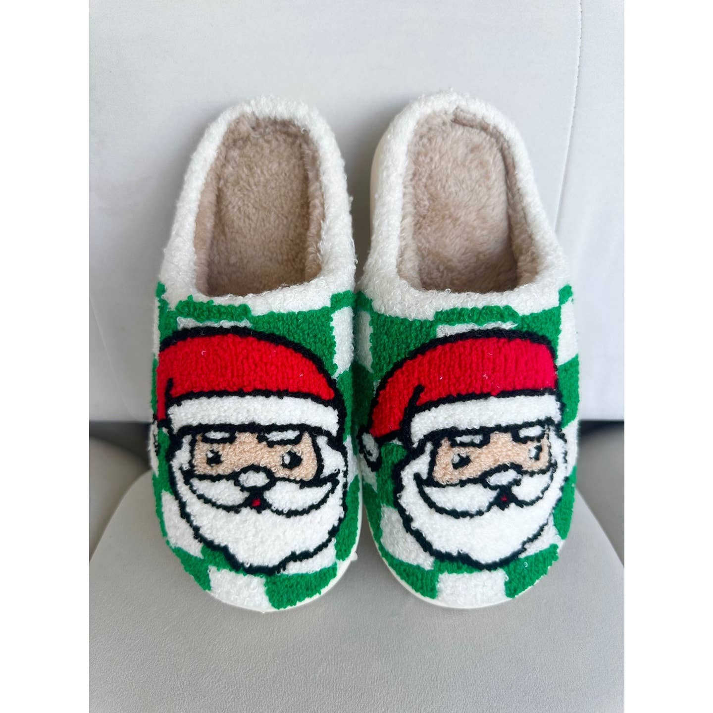 Festive Santa Green Checkered Cozy Slippers  for wholesale on Faire4