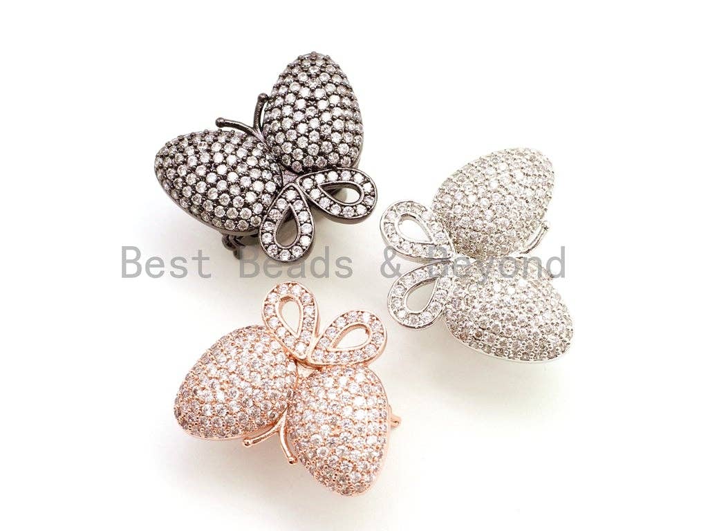 BestBeads&Beyond – wholesale Lås – CZ Klar Micro Pave Fjäril Lås, Cubic Zirconia Spänna/Fästener/Förkortare, Smycken Spänne, Magnetiska Smycken Fynd, 27x22mm, sku #H280