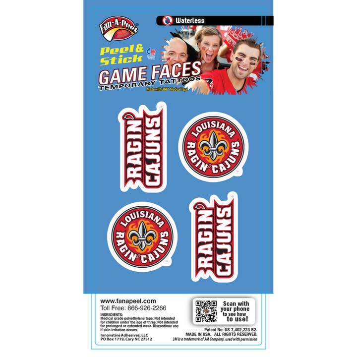 Louisiana Lafayette Game Faces® Temporäre Tattoos für den Großhandel von Fanapeel / Gamefaces