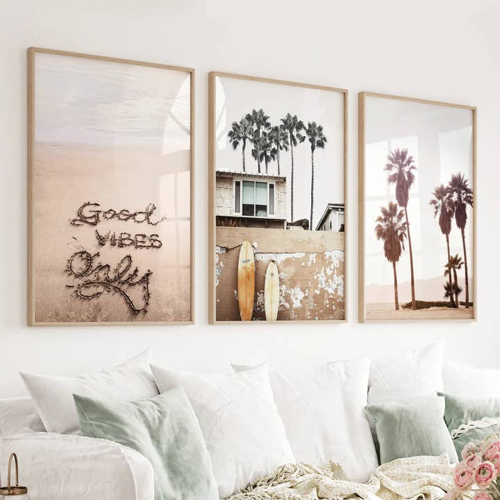 Art Lane - Wholesale Gallery Wall Set - Boho Style Coastal Wall Decor. Good Vibes, Palm Trees, Surf