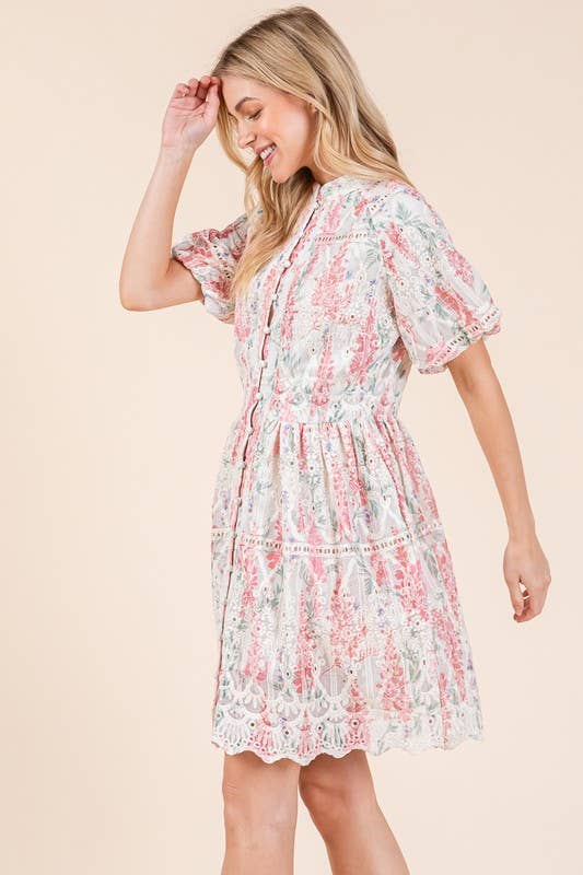 Pink Multi Floral Eyelet Lace Mini Shirt Dress, OD51255 for wholesale on Faire1
