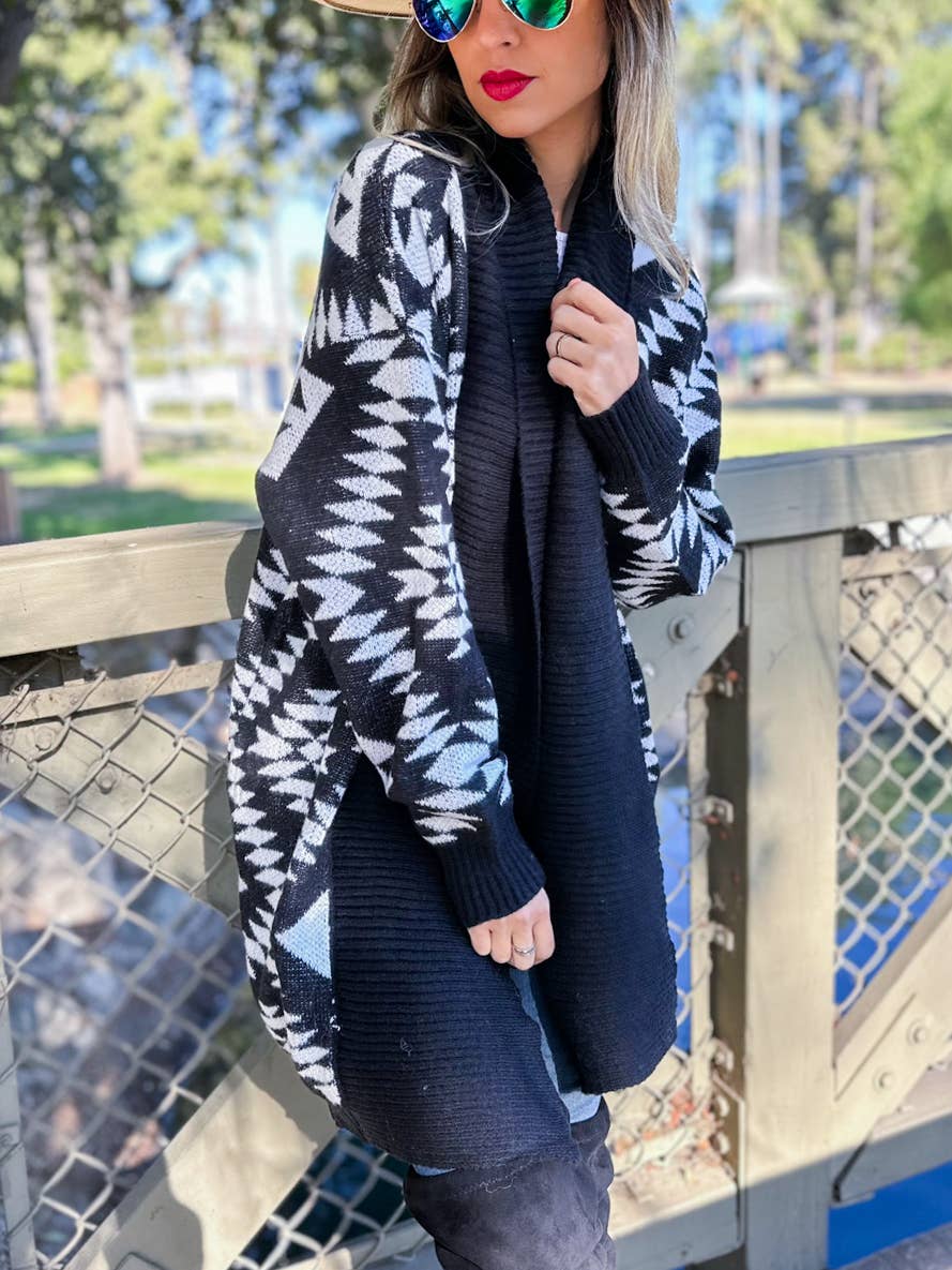 Black Aztec Printed Lightweight Cardigan with Pockets for wholesale on Faire6