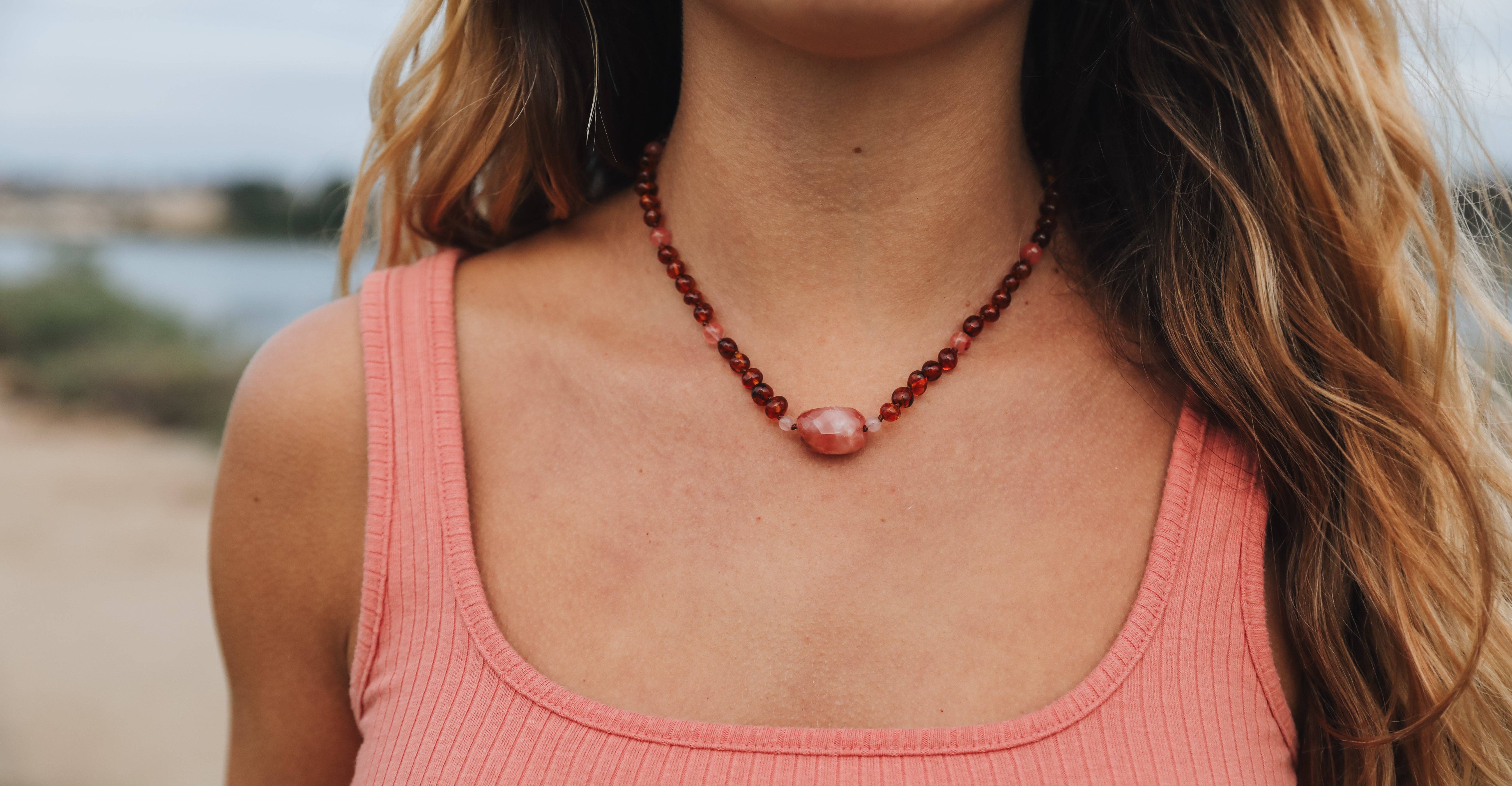 CanyonLeaf - Wholesale Beaded/Pearl Necklace - Cognac Baltic Sea Amber || Cherry + Rose Quartz || Necklace1