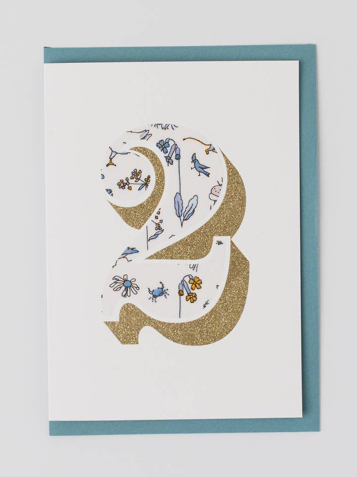 Biglietto di Compleanno per 2 Anni - Bio Glitter & Tessuto Liberty Theo per la vendita all'ingrosso da parte di The Charming Press