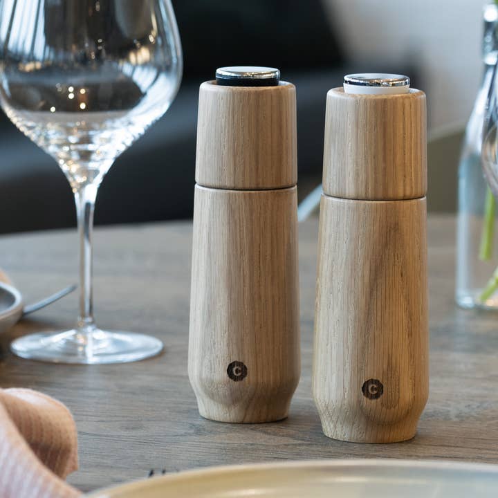 Champagne Oak Wood Salt & Pepper Shaker Set 6.5" for wholesale by CrushGrind