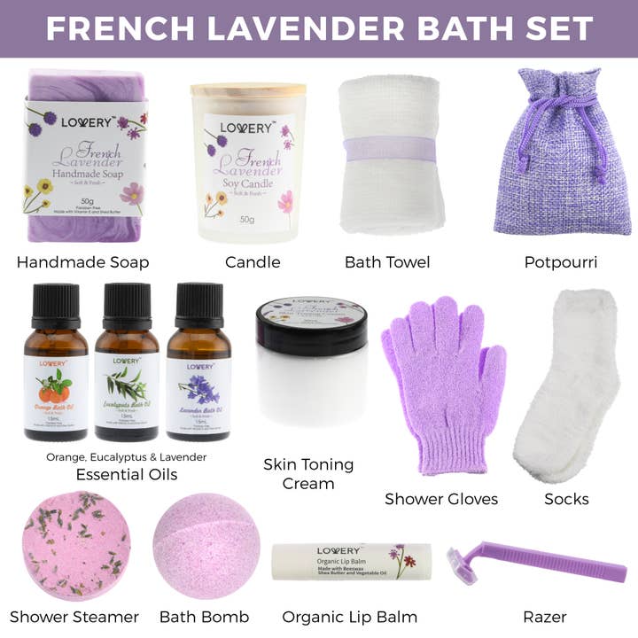 Lovery - Wholesale Bath & Body Set - Handmade Bath Gift Set, French Lavender Spa Gift Box, 18pcs